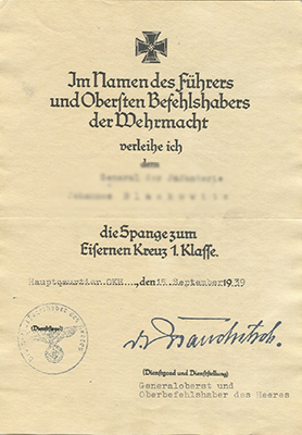 Document for the 1939 clasp to the Iron Cross 1st class